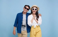 Excited Asian Couple Tourist Dressed Summer Clothes Travel Holidays 1024x656